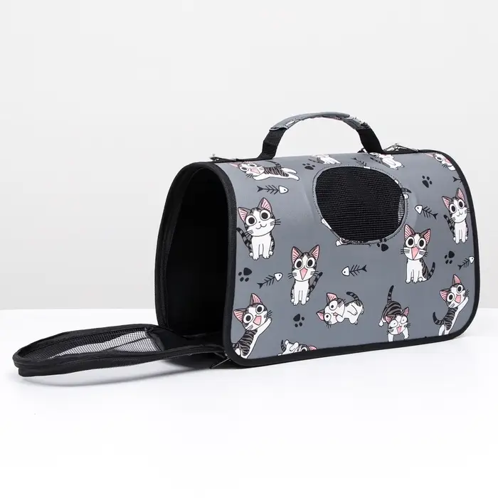 Сумка - переноска каркасная &laquo;Играющие котики&raquo;, размер S, 37.5&times;17&times;22 см, серая