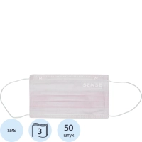 Маска медицинская 3-х сл., резинка, розовый, Sense, картон 50шт/уп