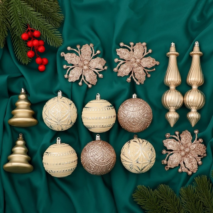 Ёлочные игрушки, пластик, набор  13 шт "Изыски праздника" белый золото