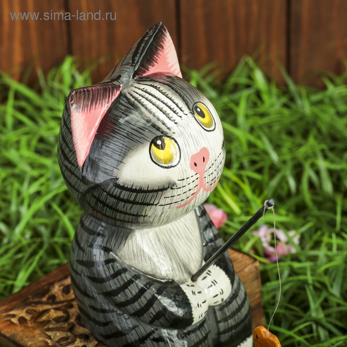 Сувенир дерево Сувенир дерево "Котёнок рыбак" серый 9х9х25 см