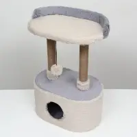 Домик для кошек с когтеточкой, 54&times;34&times;80 см, с овальной полкой, пушистый мех, джут, серый