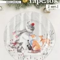 Набор тарелок новогодних &laquo;Снежные забавы&raquo;, 2 шт., d=19 см, керамика, подарочная упаковка, белый
