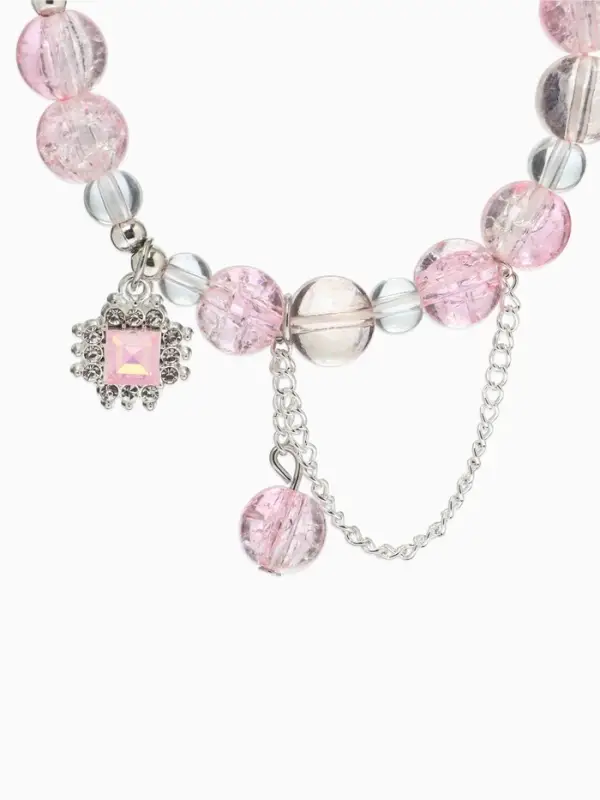 Браслет с подвесками "Сахарный" ромб, сердечко, шар №10, цвет бело-розовый в серебре