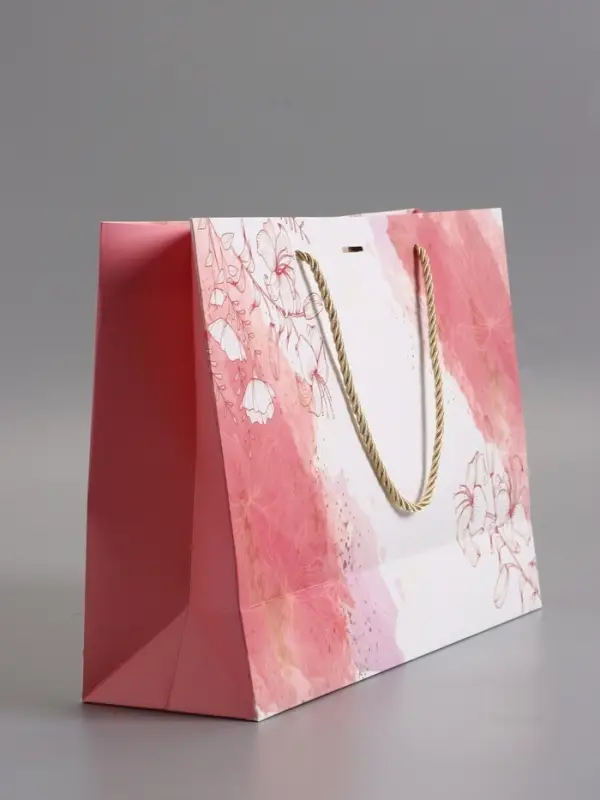 Пакет подарочный "Мрамор" , розовый , с бантиком , 32 х 25 х 11 см