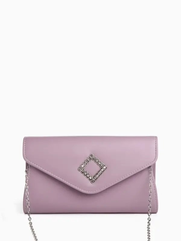 Сумка-клатч женская вечерняя на магните, на длинной цепочке, с декоративным элементом, однотонная, фиолетовая