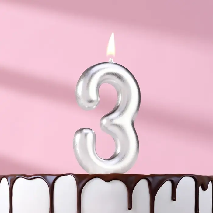 Свеча в торт &laquo;Европейская&raquo;, цифра 3, 6 см, серебро