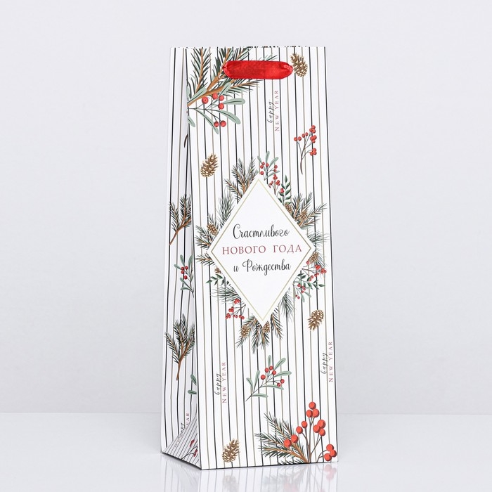 Пакет подарочный новогодний ламинированный под бутылку Пакет подарочный новогодний ламинированный под бутылку "Счастливого нового года",13 х 36 х 10 см.