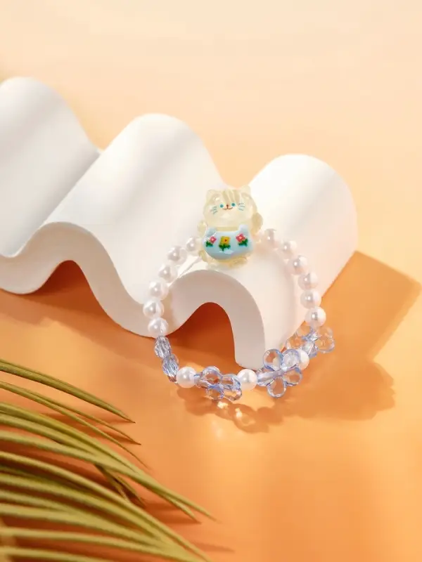 Браслет детский &laquo;Выбражулька. Котик, цветы и жемчуг&raquo;, d=6 см, белый, голубой