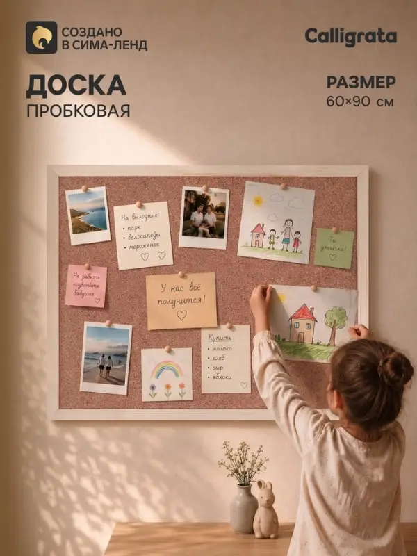 Доска пробковая Calligrata LINE, 60&times;90 см, В1103, в деревянной раме