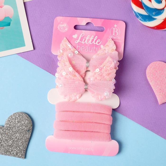 Набор для волос Набор для волос "Карапунька" (4 резинки, 2 зажима) блеск бусинки, 5,5х3,5 см, розовый