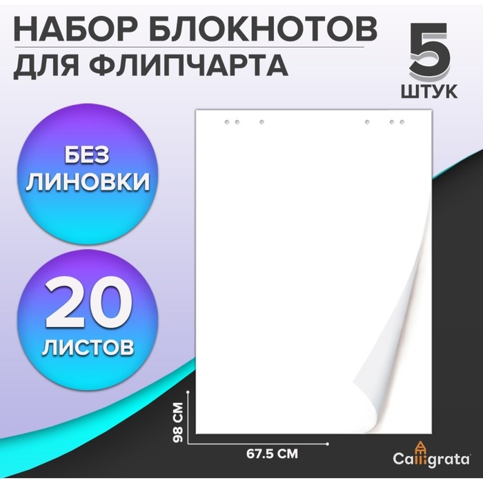 Набор блокнотов 5 штук для флипчарта, 67,5 х 98 см, 20 листов белый, 92%, 80 г/м2, Calligrata Набор блокнотов 5 штук для флипчарта, 67,5 х 98 см, 20 листов белый, 92%, 80 г/м2, Calligrata