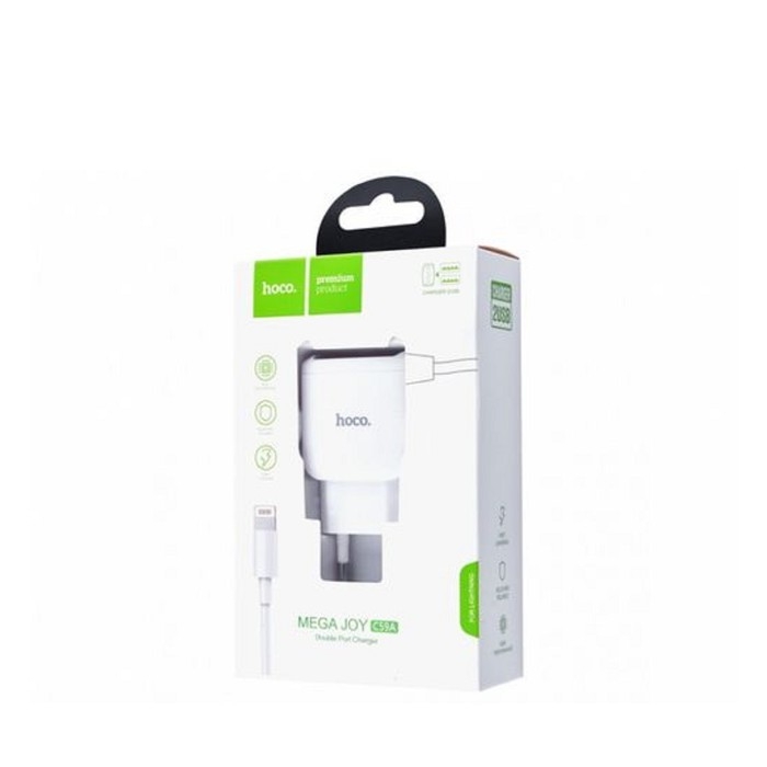 Сетевое зарядное устройство Hoco C59A, 2 USB - 2.4 А, кабель Lightning 1 м, белый Сетевое зарядное устройство Hoco C59A, 2 USB - 2.4 А, кабель Lightning 1 м, белый