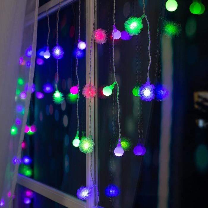 Гирлянда «Бахрома» 3 × 0.5 м с насадками «Шарики и ёжики», IP20, прозрачная нить, 80 LED, свечение мульти (RG/RB), мигание, 220 В