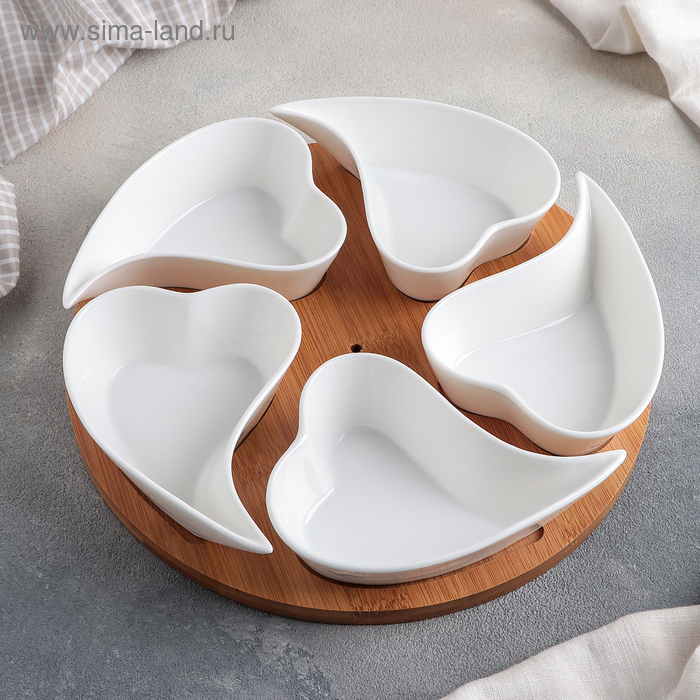 Набор соусников керамических на деревянной подставке «Эстет. Сердца», 5 предметов: 200 мл, цвет белый Набор соусников керамических на деревянной подставке «Эстет. Сердца», 5 предметов: 200 мл, цвет белый