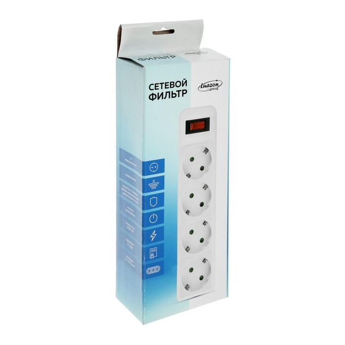 Сетевой фильтр Luazon Lighting, 4 розетки, 5 м, 2200 Вт, 3 х 0.75 мм2, 10 А, 220 В, белый Сетевой фильтр Luazon Lighting, 4 розетки, 5 м, 2200 Вт, 3 х 0.75 мм2, 10 А, 220 В, белый