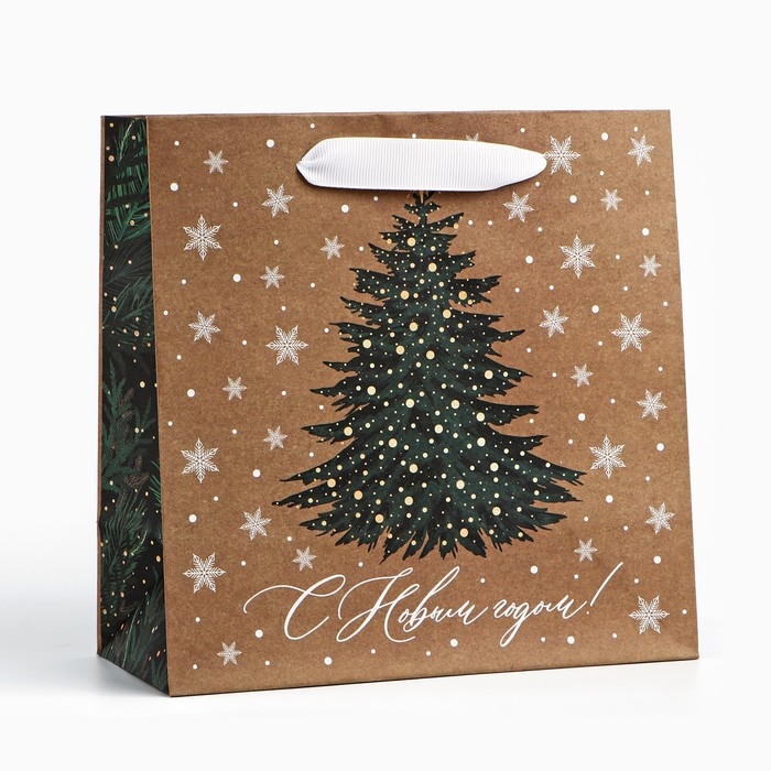 Пакет подарочный новогодний крафтовый квадратный «Новогодняя красавица», 22 х 22 х 11 см, Новый год Пакет подарочный новогодний крафтовый квадратный «Новогодняя красавица», 22 х 22 х 11 см, Новый год