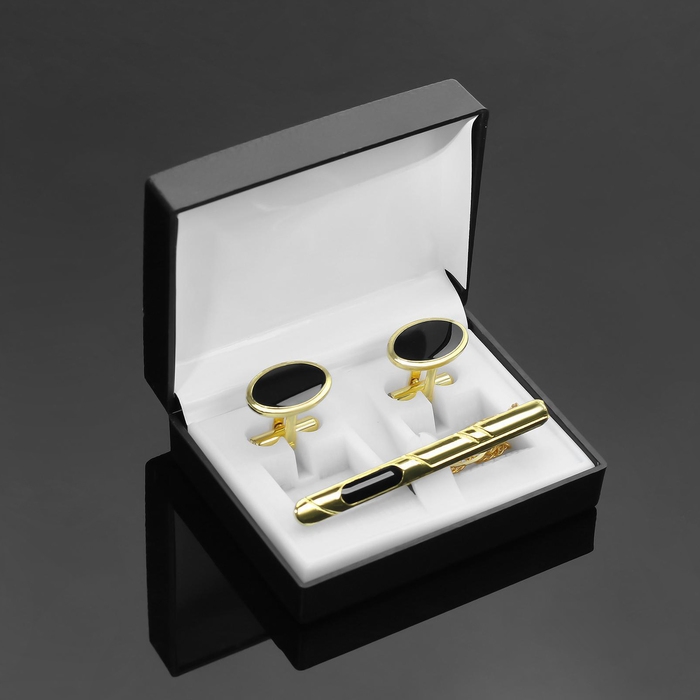 Набор мужской медный «Запонки + Зажим (6 см) для галстука» овал с эмалью, цвет чёрный в золоте