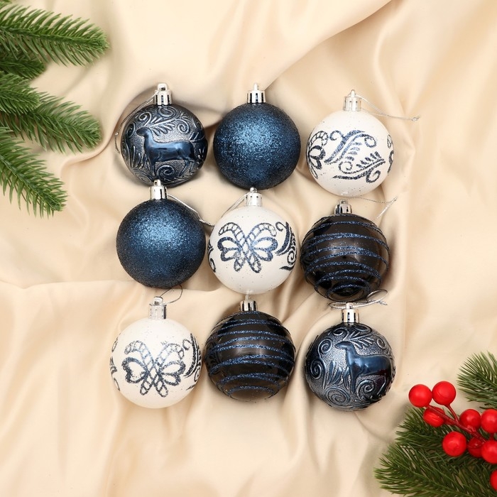 Набор шаров пластик d-6 см, 9 шт Набор шаров пластик d-6 см, 9 шт "Мелодия" орбита узор элит синий, микс