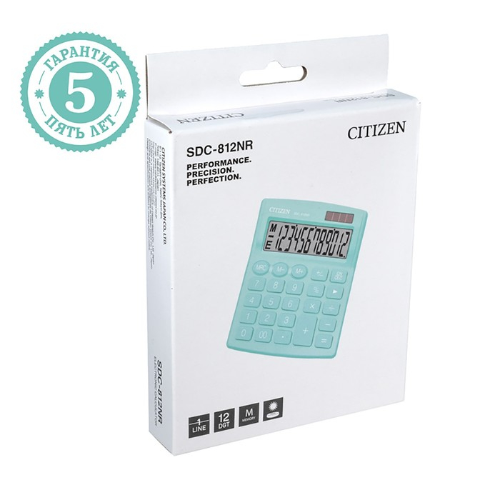 Калькулятор настольный Citizen  Калькулятор настольный Citizen "SDC-812NR", 12-разрядный, 124 х 102 х 25 мм, двойное питание, бирюзовый