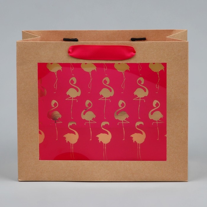 Пакет подарочный крафтовый с пластиковым окном, упаковка, «Фламинго», 24 х 20 х 11см Пакет подарочный крафтовый с пластиковым окном, упаковка, «Фламинго», 24 х 20 х 11см