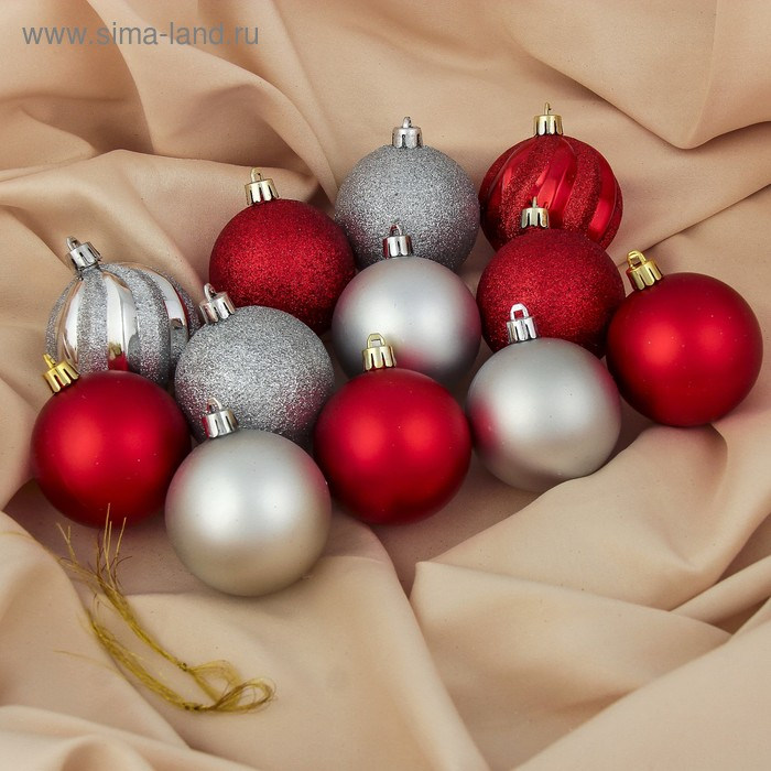 Набор шаров пластик d-6 см, 12 шт Набор шаров пластик d-6 см, 12 шт "Улыбка" серебро красный