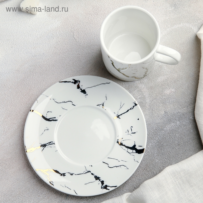 Чайная пара керамическая «Марбл», чашка 220 мл, блюдце d=15 см, цвет белый Чайная пара керамическая «Марбл», чашка 220 мл, блюдце d=15 см, цвет белый
