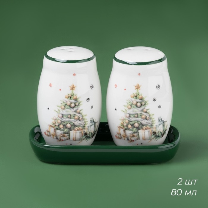 Новогодний набор для специй Доляна «Приближение чуда», 3 предмета: солонка 80 мл, перечница 80 мл, подставка, керамика, цвет белый Новогодний набор для специй Доляна «Приближение чуда», 3 предмета: солонка 80 мл, перечница 80 мл, подставка, керамика, цвет белый