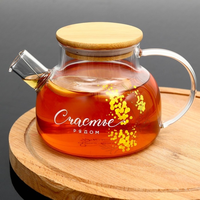Чайник стеклянный заварочный с бамбуковой крышкой «Счастье рядом. Нежная мимоза», 800 мл Чайник стеклянный заварочный с бамбуковой крышкой «Счастье рядом. Нежная мимоза», 800 мл