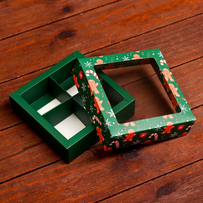 Новый год. Коробка под 4 конфеты, 12,6 х 12,6 х 3,5 Новый год. Коробка под 4 конфеты, 12,6 х 12,6 х 3,5 "Имбирный пряник" , кондитерская упаковка