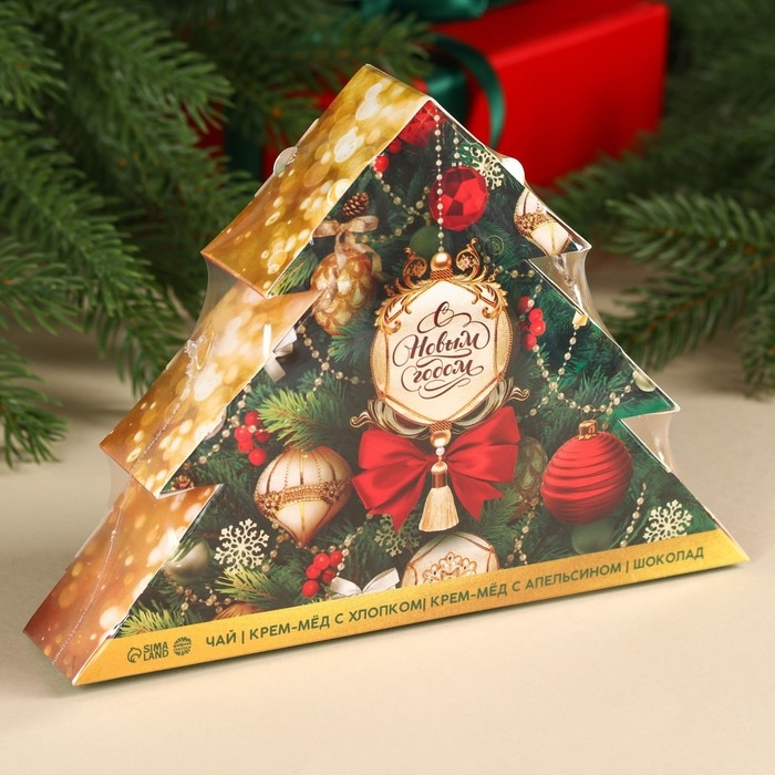 Набор «С Новым годом» зелёный В коробке-елке, Чай, Мёд кремовый, шоколад Набор «С Новым годом» зелёный В коробке-елке, Чай, Мёд кремовый, шоколад