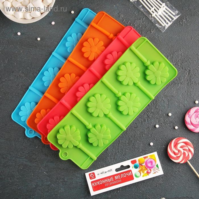 Форма для леденцов Доляна «Ромашка», силикон, 9,5×24×1 см, 6 ячеек (d=3,8 см), с палочками, цвет МИКС Форма для леденцов Доляна «Ромашка», силикон, 9,5×24×1 см, 6 ячеек (d=3,8 см), с палочками, цвет МИКС
