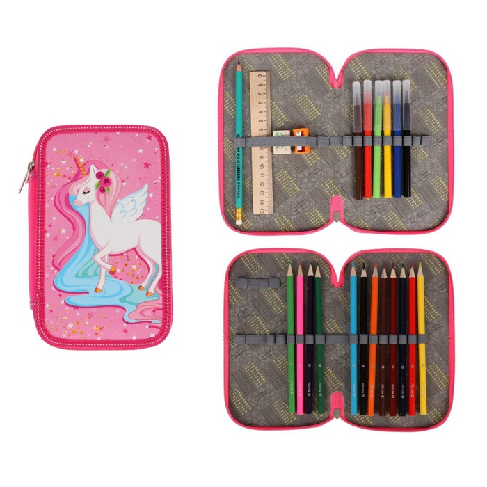 Пенал 2 секции, 125 х 205 мм, с наполнением 23 предмета, Calligrata Пенал 2 секции, 125 х 205 мм, с наполнением 23 предмета, Calligrata "Единорог" ламинированный картон, 30П26/2/set