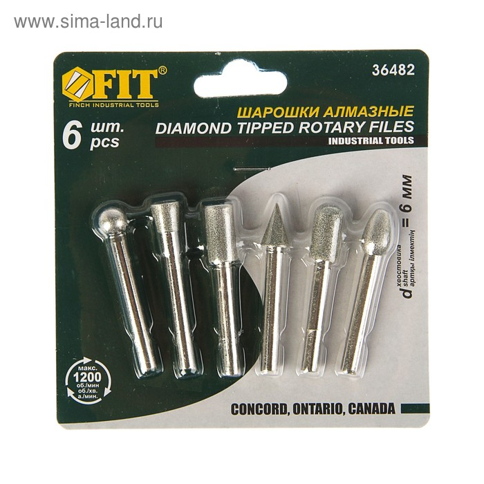 Набор шарошек FIT 36482, усиленная сталь с алмазным напылением, штифт 6 мм, 6 шт. Набор шарошек FIT 36482, усиленная сталь с алмазным напылением, штифт 6 мм, 6 шт.