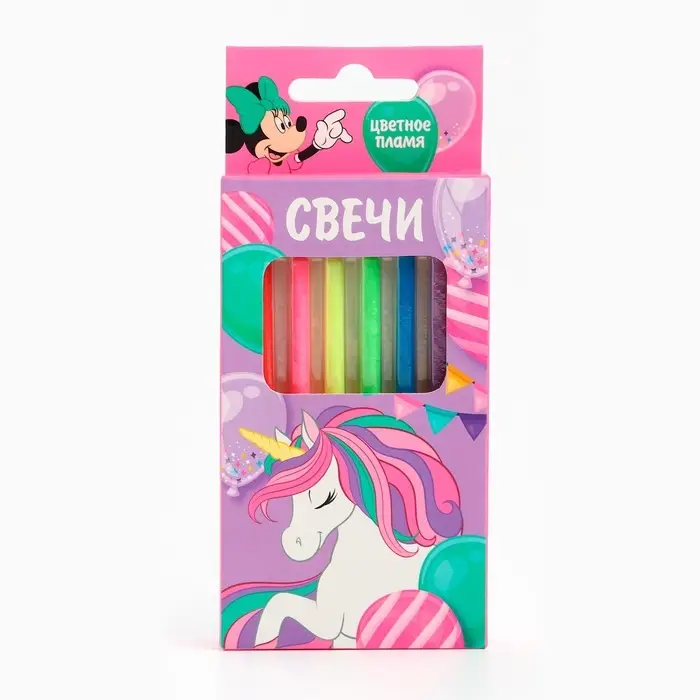 Свечи для торта 6 штук, с цветным пламенем, Минни и Единорог