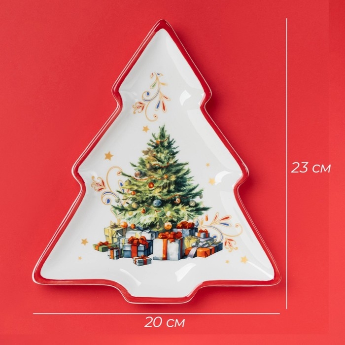 Тарелка новогодняя Доляна «Волшебное дерево», керамика, 23×20×2,2 см, цвет белый