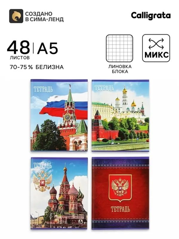 Тетрадь 48 листов в клетку Calligrata &laquo;Россия&raquo;, серые листы, МИКС