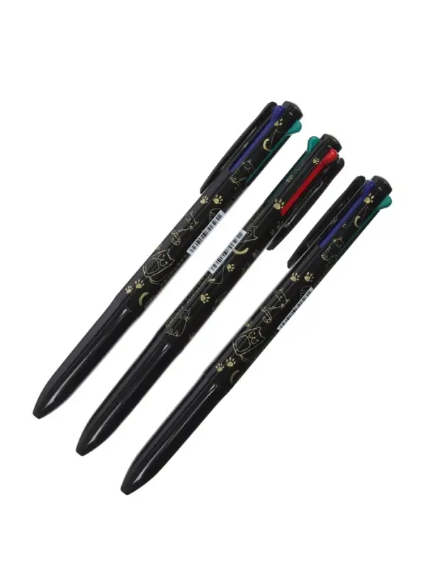 Набор шариковых ручек, 3 штуки, автоматические, 4-цветная, чёрный корпус, с рисунком