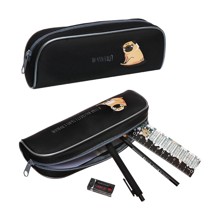 Пенал мягкий 1 отделение, 210 x 80 x 40, Calligrata, с наполнением 4 предмета, универсальный, Пенал мягкий 1 отделение, 210 x 80 x 40, Calligrata, с наполнением 4 предмета, универсальный, "Мопс"