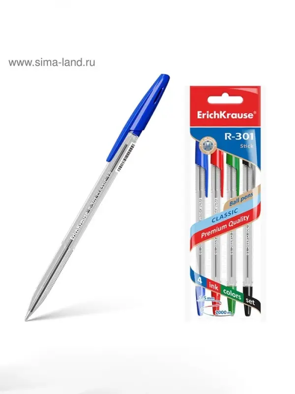 Набор шариковых ручек ErichKrause R=301 Classic Stick, 4 цвета, узел 1 мм, прозрачный корпус