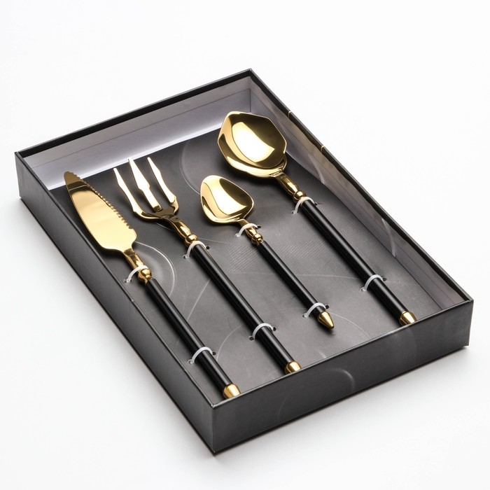 Столовые приборы из нержавеющей стали Magistro Ocean, 4 предмета, цвет металла золотой, ручка чёрная Столовые приборы из нержавеющей стали Magistro Ocean, 4 предмета, цвет металла золотой, ручка чёрная