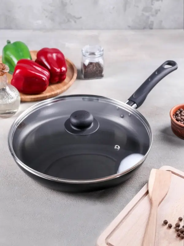 Сковорода Consul, d=28 см, пластиковая ручка, стеклянная крышка, антипригарное покрытие, алюминий, чёрная