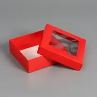 Коробка складная, крышка-дно,с окном, красная, 15 х 15 х 5 см