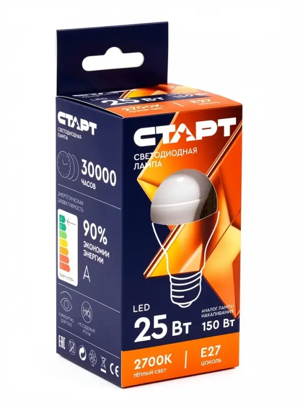 Лампа светодиодная СТАРТ, 25 Вт, Е27, А60, 2700К, 2000 Лм, свечение тёплое белое