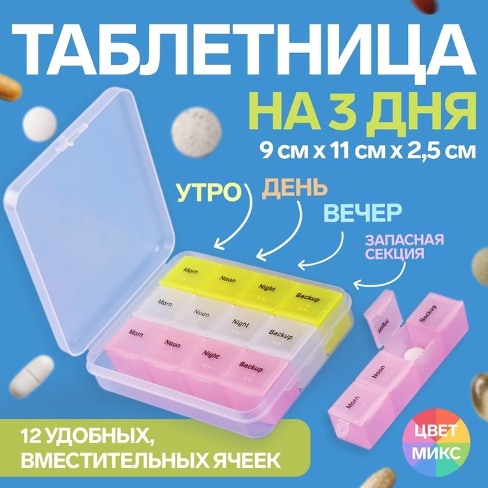 Таблетница - органайзер, английские буквы, утро/день/вечер/ночь, 3 контейнера по 4 секции, цвет МИКС Таблетница - органайзер, английские буквы, утро/день/вечер/ночь, 3 контейнера по 4 секции, цвет МИКС