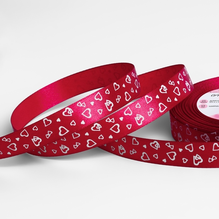 Лента атласная «Сердца», 15 мм × 23 ± 1 м, цвет малиновый №072 Лента атласная «Сердца», 15 мм × 23 ± 1 м, цвет малиновый №072