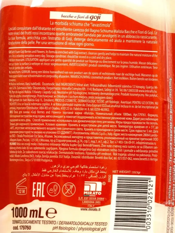 MALIZIA Пена для ванны Goji berries & Flowers 1000мл