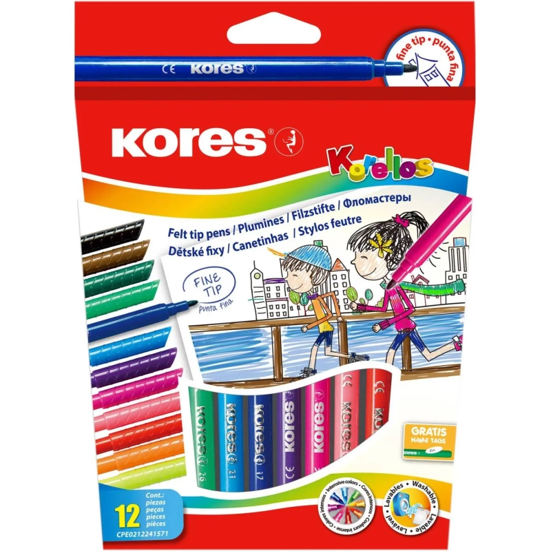 Фломастеры KORELLOS Kores 12 цветов, в картонной коробке с подвесом, 29013