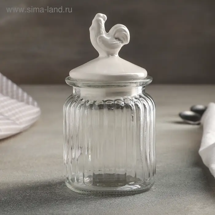 Банка стеклянная для сыпучих продуктов с керамической крышкой «Петух», 300 мл, 7,5×14,5 см, цвет крышки белый Банка стеклянная для сыпучих продуктов с керамической крышкой «Петух», 300 мл, 7,5×14,5 см, цвет крышки белый