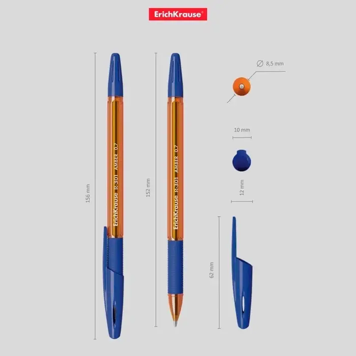 Ручка шариковая ErichKrause R-301 Amber Stick & Grip, узел 0.7 мм, чернила синие, резиновый держатель, длина линии письма 2000 метров