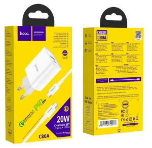 Сетевое зарядное устройство с кабелем Type-C на Type-C PD20W + USB QC3.0 C80A HOCO белое